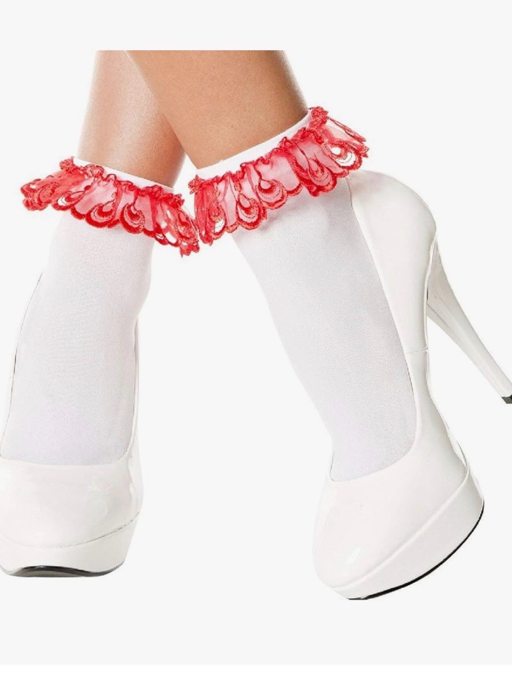 *NWT White Ankle Socks with Red Lace Ruffle Trim